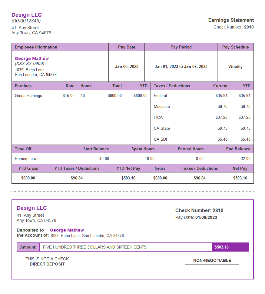 velvet paystub deposit slip time off