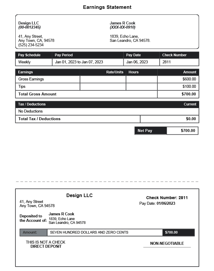 Black paystub with deposit slip