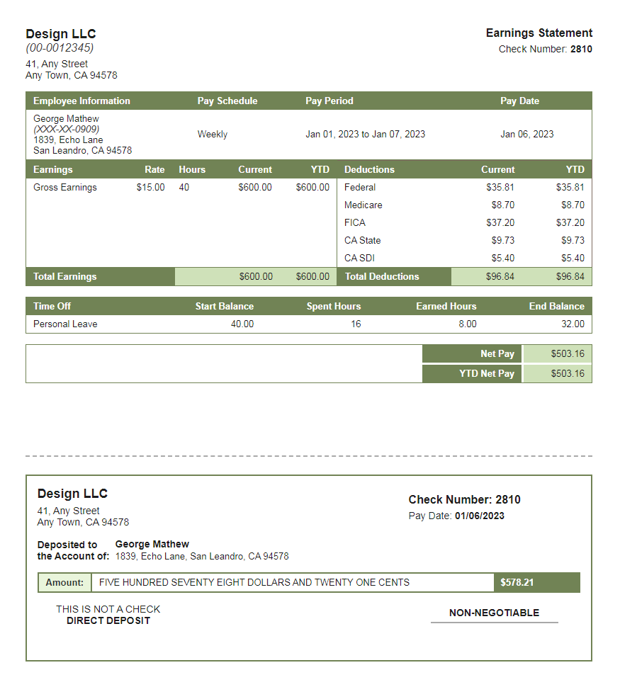 glade green paystub deposit slip time off