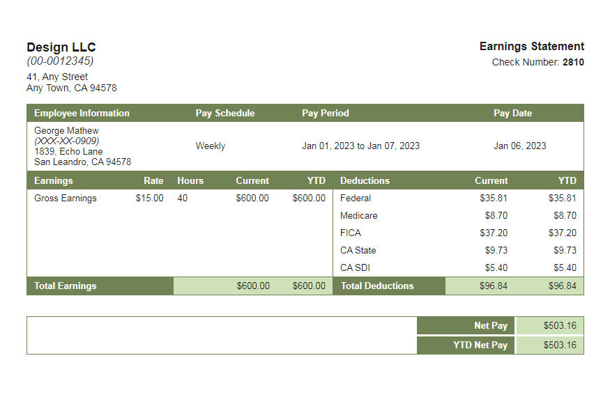 Glade Green Paystub Template